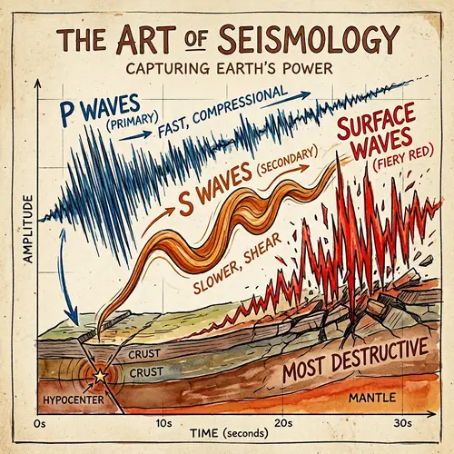 Seismogram Art: Depiction of P Waves, S Waves, and Surface Waves