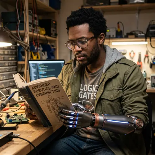 Dark-Skinned Technical Computer Nerd with Robotic Arm Holding Book