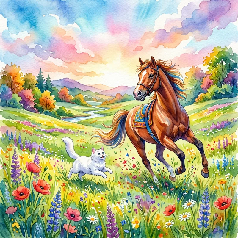 Whimsical Cat and Horse Play in Vibrant Meadow Art Whimsical Cat and Horse Play in Vibrant Meadow Art