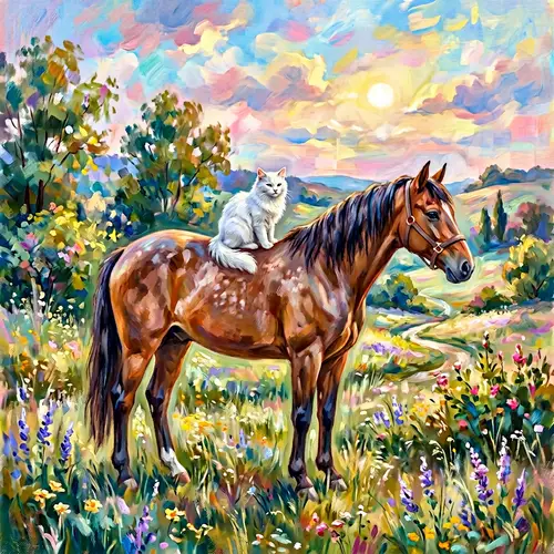 Dreamy Impressionist Cat and Horse Portrait