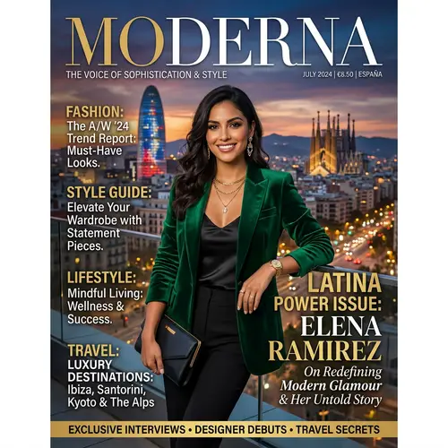 Captivating Fashion Magazine Cover with Hispanic Female Model | Latest Trends & Luxury Lifestyle