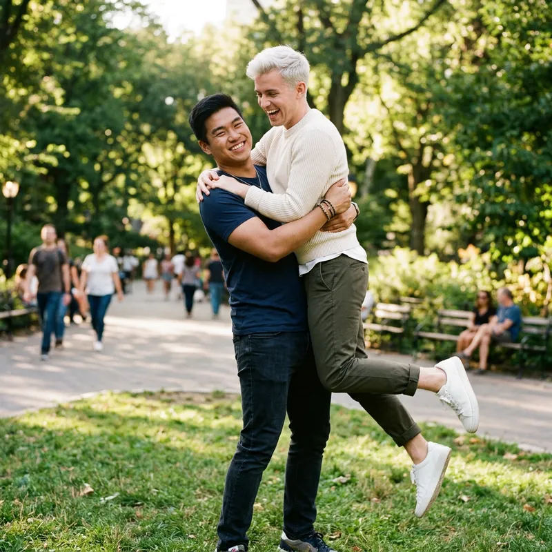 White-Haired Young Man Lifted by Black-Haired Man