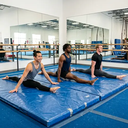 Men's Gymnastics: Diverse Group Showing Flexibility and Strength