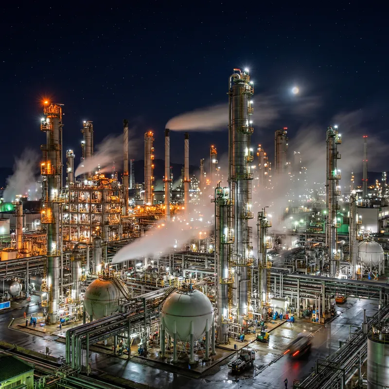Chemical Plant Night View: Industrial Complex Illuminated