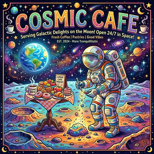 Colorful Cafe Banner: Astronaut on Lunar Surface