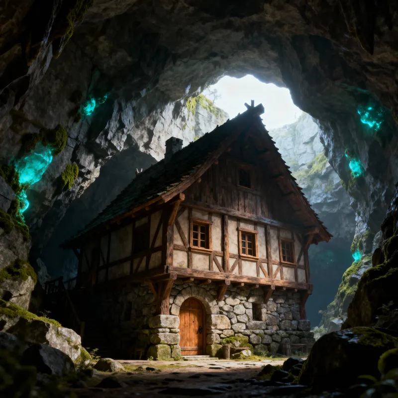 3D Medieval Spruce House in a Huge Cave