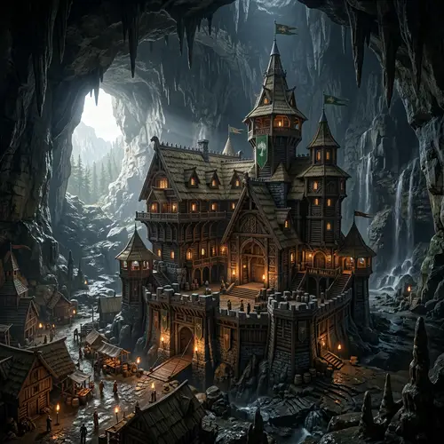 3D Medieval Spruce House in a Huge Cave