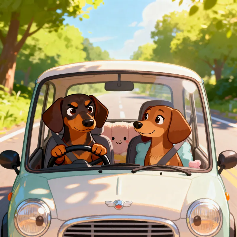 Dachshunds Driving a Car - Male & Female Duo