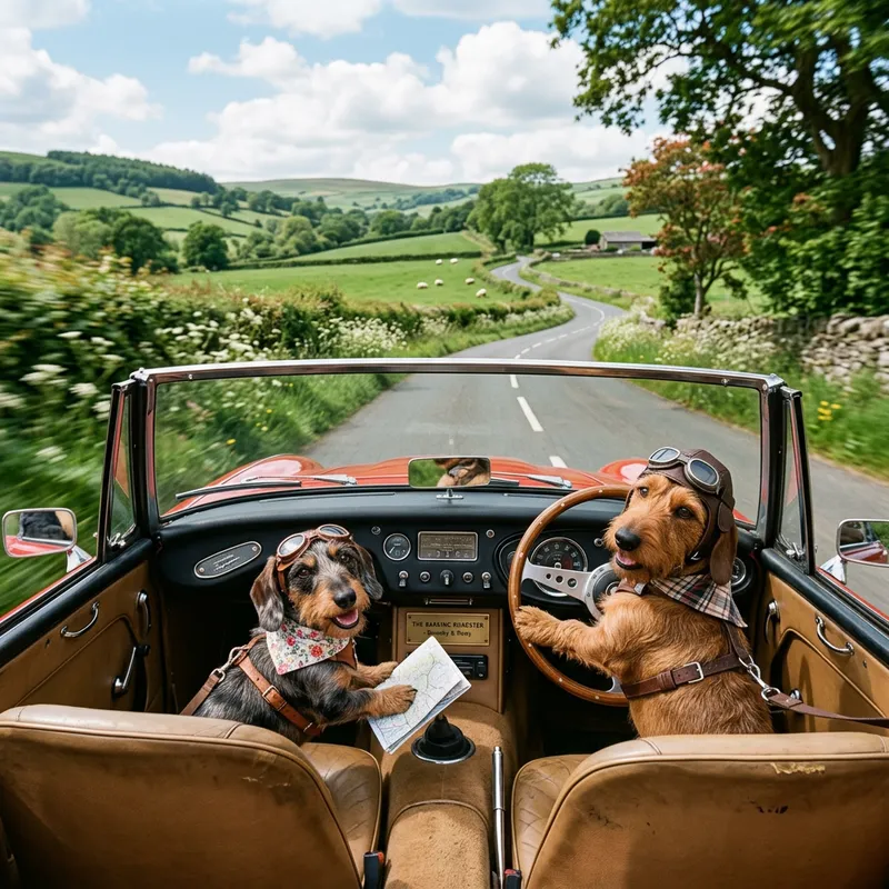 Dachshunds Driving a Car - Male & Female Duo Dachshunds Driving a Car - Male & Female Duo