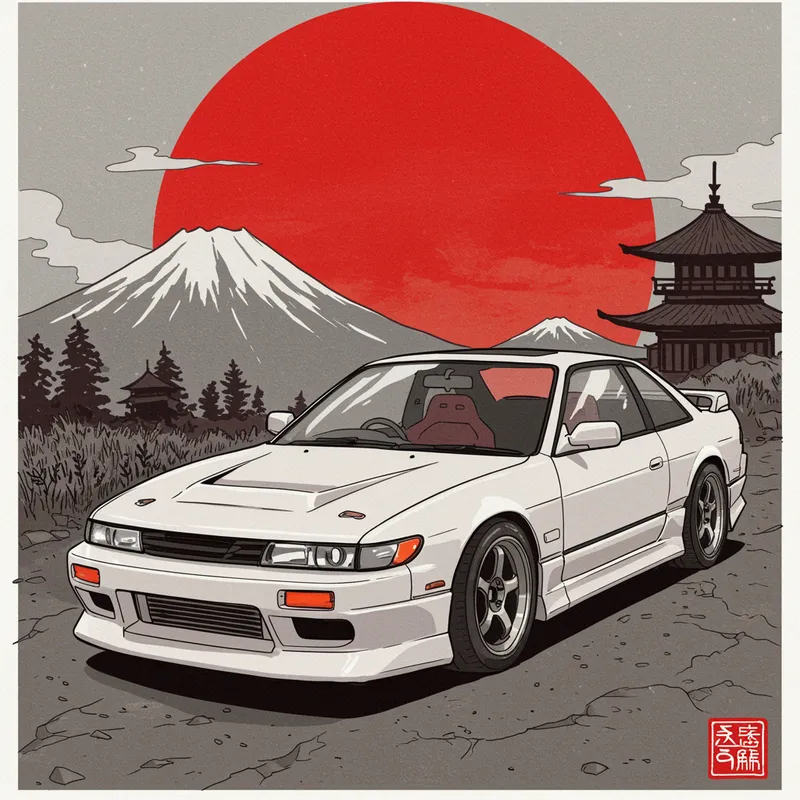 Japanese Drawing of White Nissan Silvia PS13