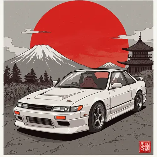 Japanese Drawing of White Nissan Silvia PS13