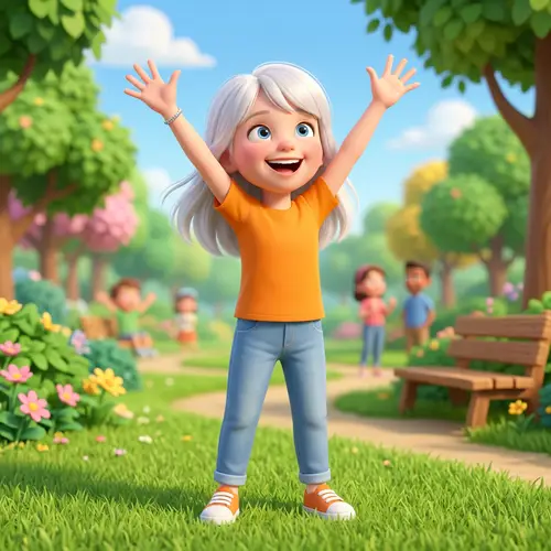 Joyful 3D Animated Caucasian Girl in Orange T-Shirt