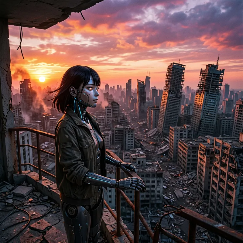 Robot Japanese Girl Observes City Collapse