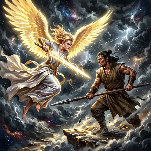 Epic Battle: Angel vs. Warrior in Celestial Realm