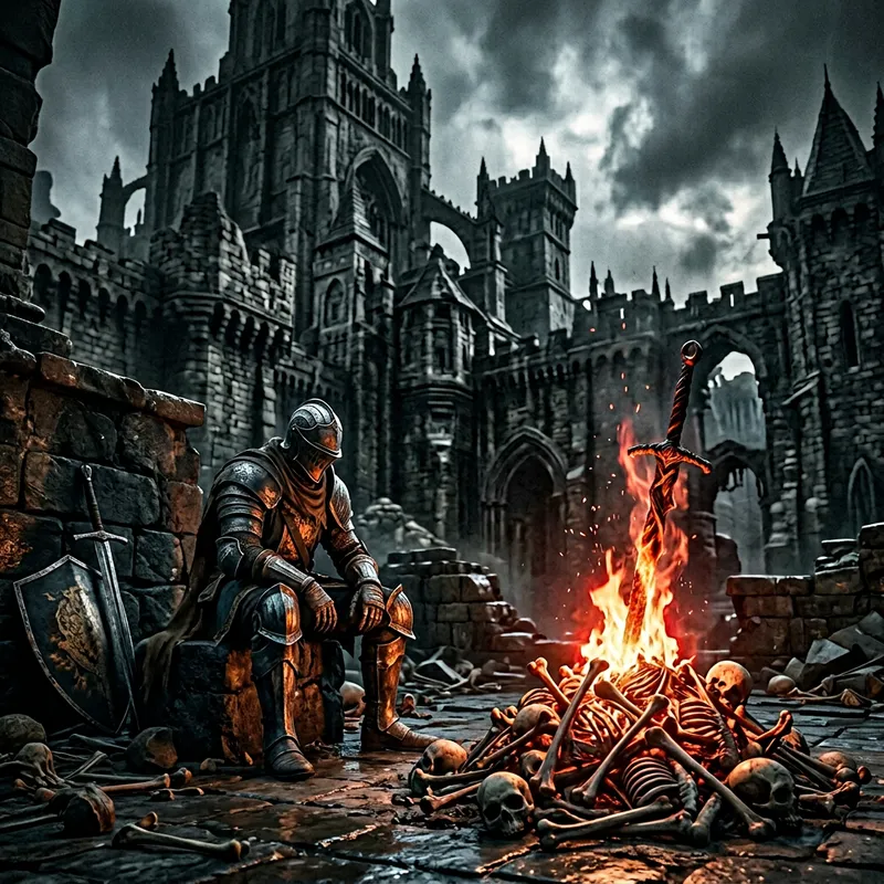 Dark Souls Bonfire: Gloomy Fortress & Armored Knight Dark Souls Bonfire: Gloomy Fortress & Armored Knight