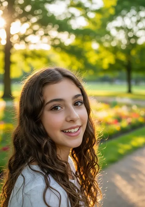 Beautiful Girl with Brown Hair Smiling in the Park