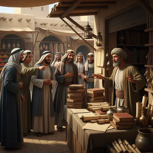 Ancient Arabian Men Humoreously Mock Bookshop Keeper