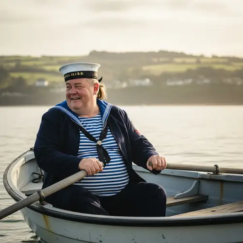 Chubby Sailor with Ponytail on a Rubber Boat