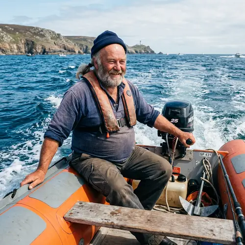 Chubby Sailor with Ponytail on a Rubber Boat