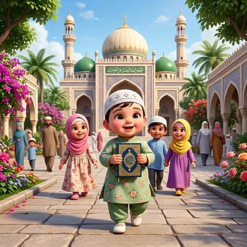Cute Baby in Green Dress with Quran Heading to Mosque