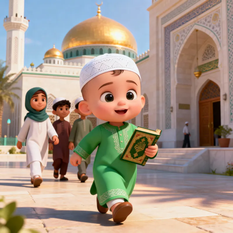 Cute Baby in Green Dress with Quran Heading to Mosque