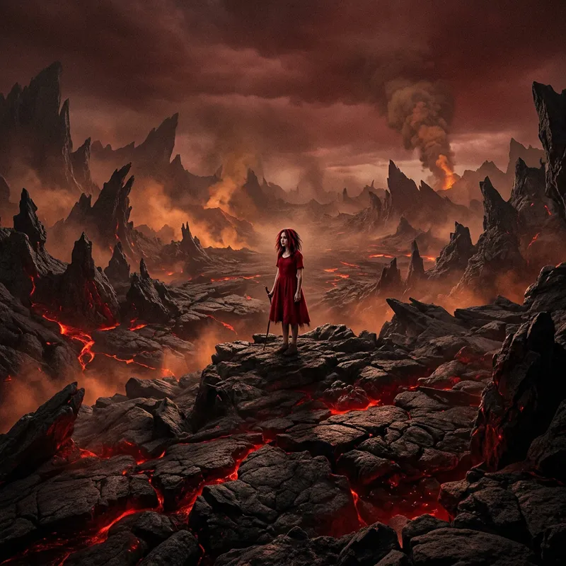 Rugged Hellscape: Girl in a Fiery Landscape Rugged Hellscape: Girl in a Fiery Landscape