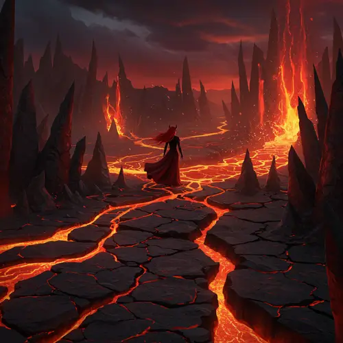 Rugged Hellscape: Girl in a Fiery Landscape