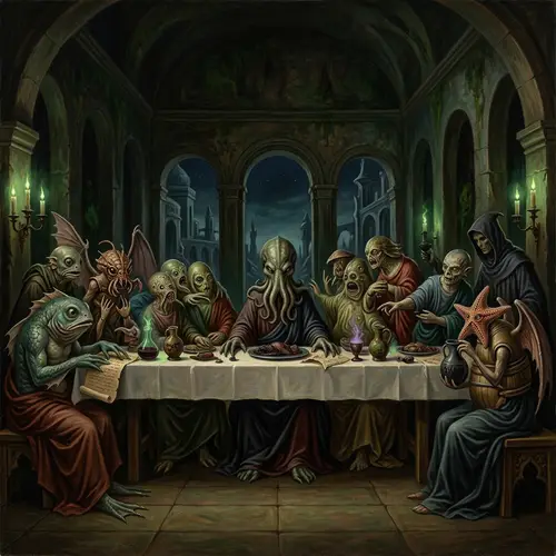 Renaissance-inspired Cthulhu Mythos Oil Painting Depicting Eerie Dinner Scene