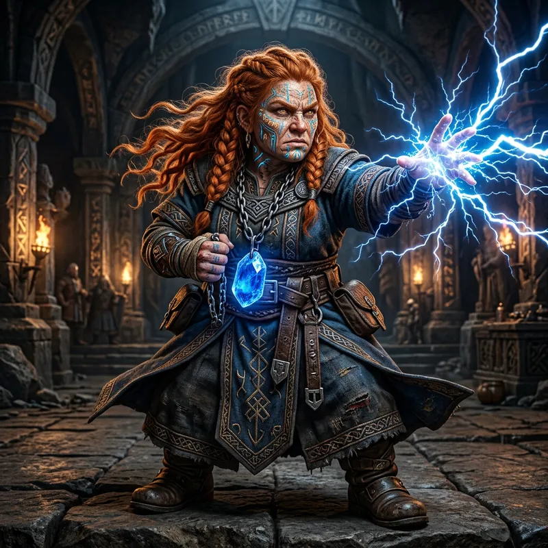 Red-Haired She-Dwarf Sorceress with Lightning Power and Gem Necklace Red-Haired She-Dwarf Sorceress with Lightning Power and Gem Necklace