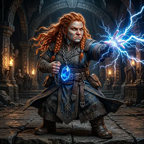 Red-Haired Female Dwarf Sorceress with Rune Tattoos