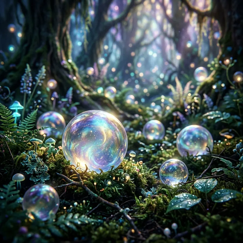 Ethereal Glowing Spheres in Enchanted Forest Macro Shot