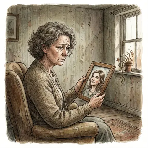 Emotional Portrait of a Middle-Aged Woman Holding a Picture