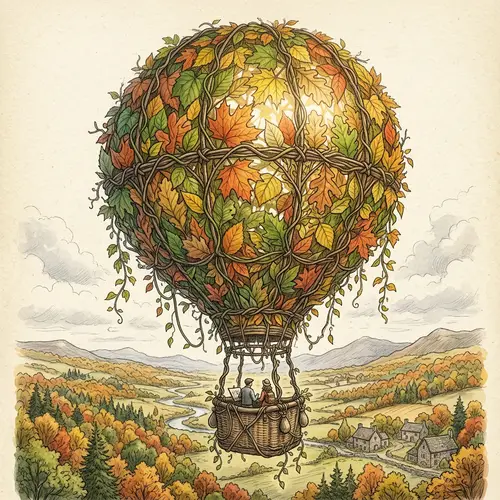 Autumn-themed Tree Leaf Hot Air Balloon | Hand-drawn Illustration
