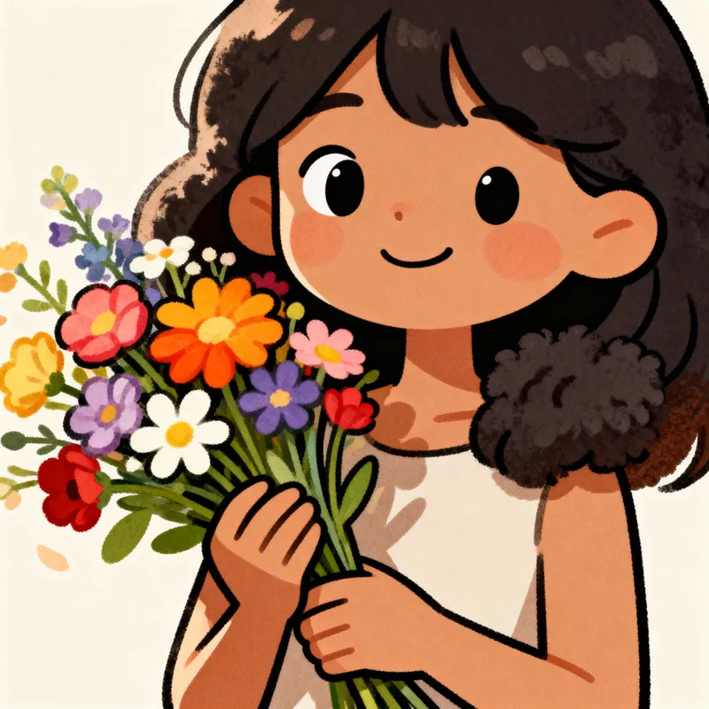 Cartoon Female Character Holding Flowers