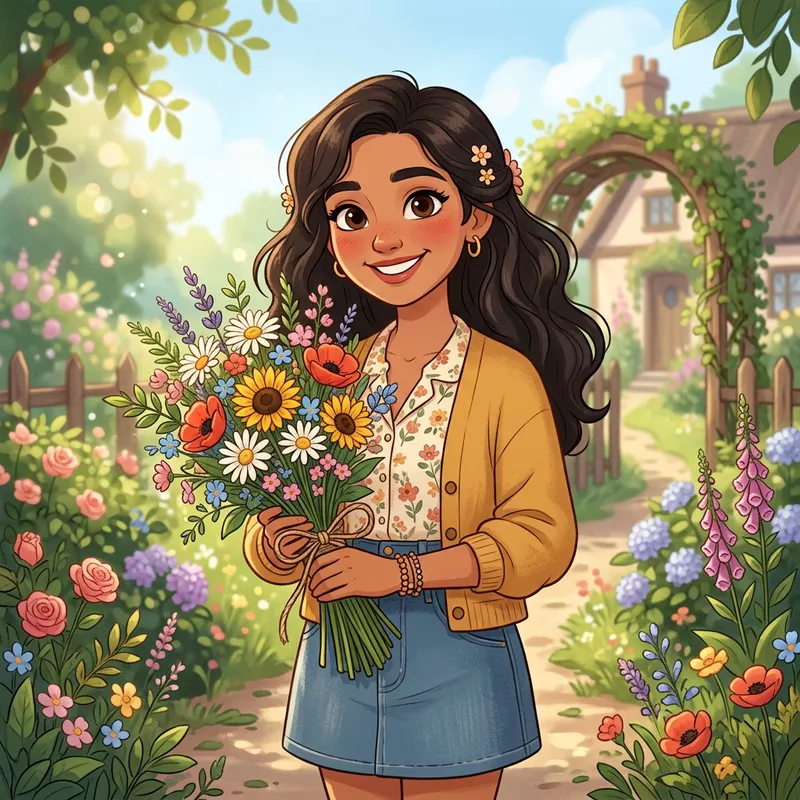 Cartoon Female Character Holding Flowers