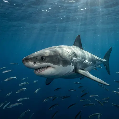 Powerful Great White Shark in the Deep Blue Ocean