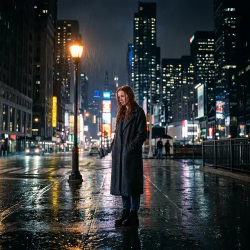 Lonely Red-Haired Girl in Dark Rainy City