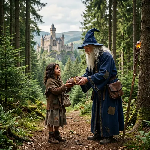Young Hispanic Girl and Elderly Wizard Share Bread in Kingdom Woods