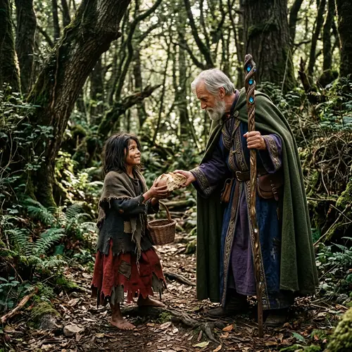 Poverty-Stricken Girl Receives Bread from Elderly Magician