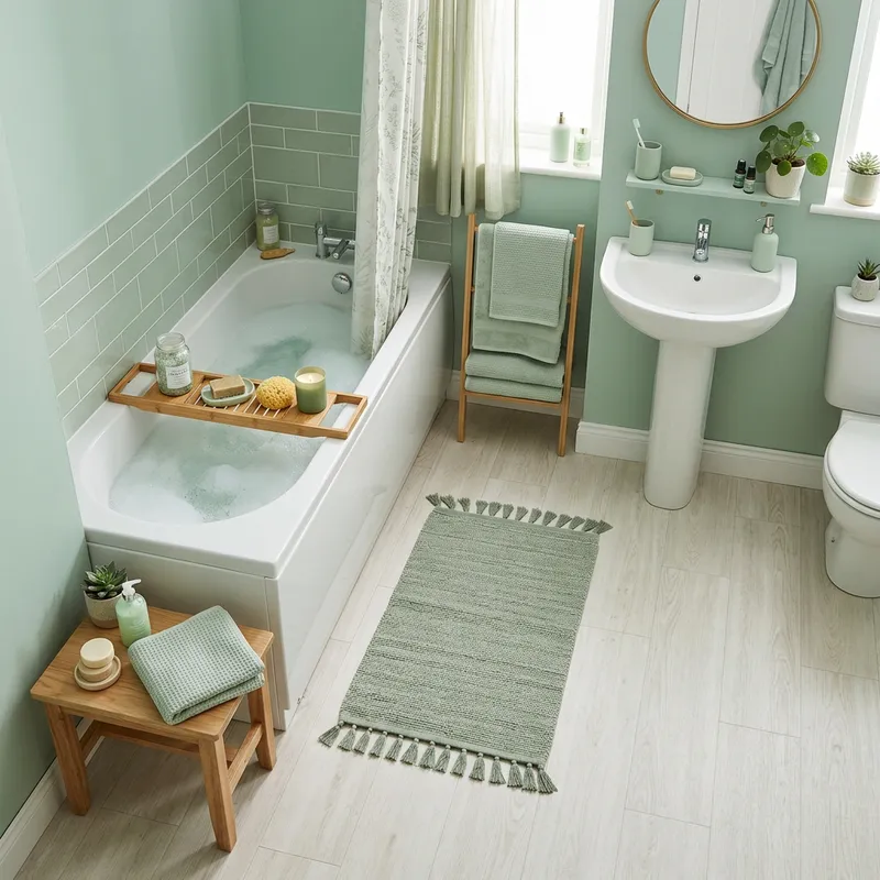 Light Green Shaded Bathroom with Bathtub and Bedside Table
