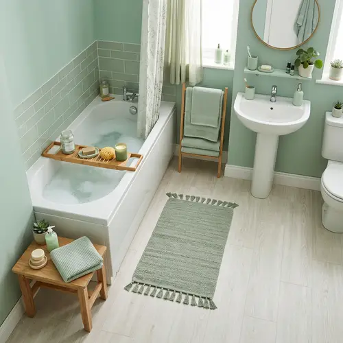 Light Green Bathroom Decor Ideas | Bathtub, Bedside Table, Soap Accessories