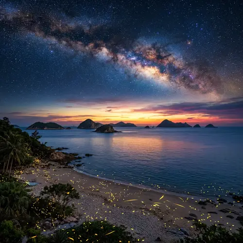 Serene Ocean, Scattered Islands, and Glowing Fireflies