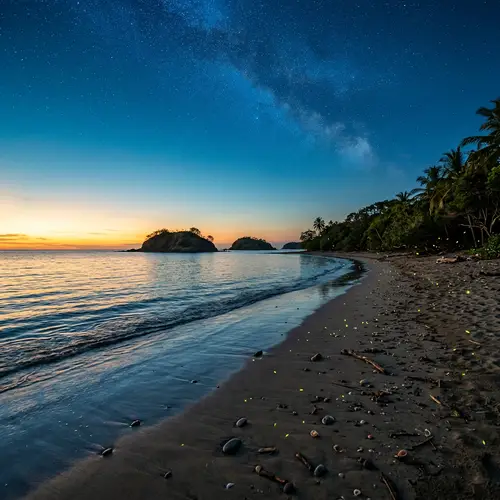 Majestic Beach Scene at Dusk | Golden Sunset & Celestial Skies