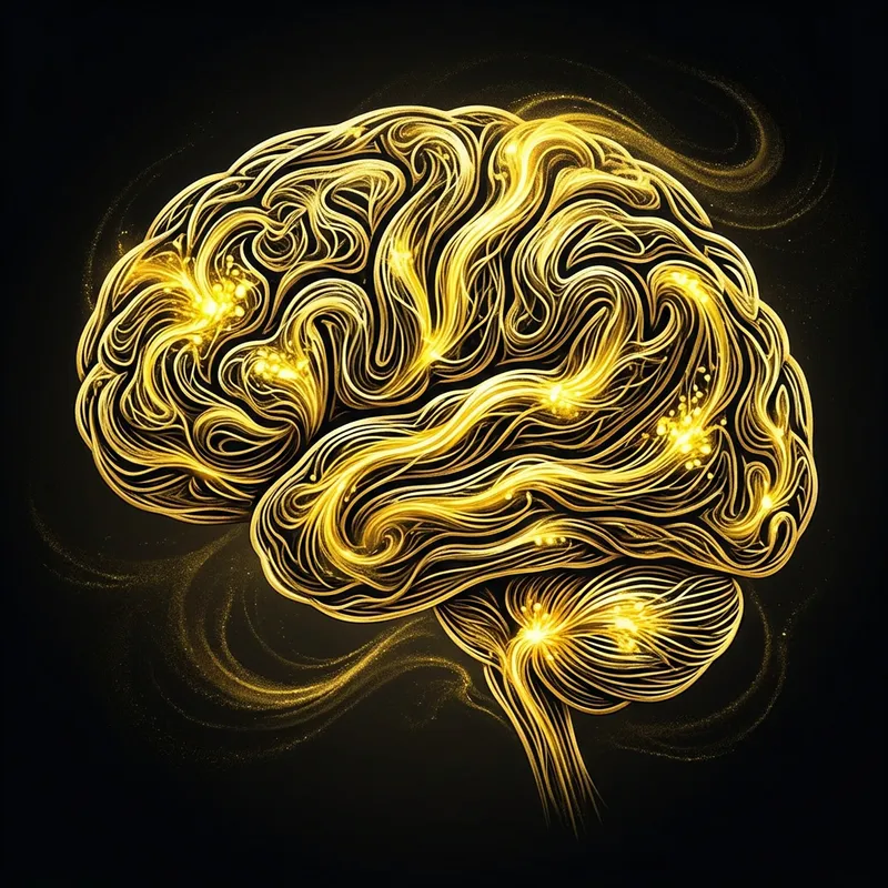 Intricate Brain Neuro Science and Flow Art in Black, Yellow, Gold