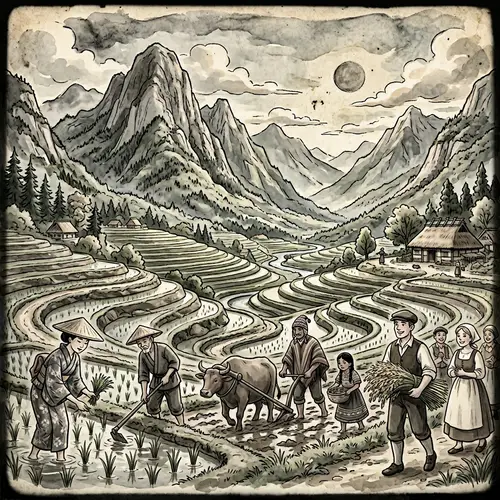 Scenic Rice Field Cartoon Illustration | Global Unity Theme