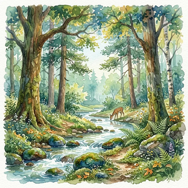 Tranquil Forest Watercolor Art