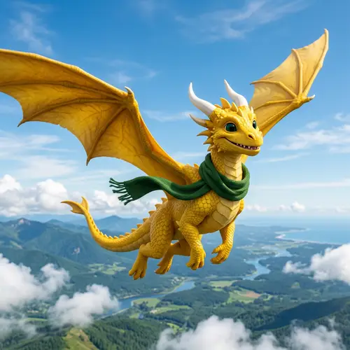 Yellow Dragon Soaring in Clear Sky | Friendly Smile & Green Eyes