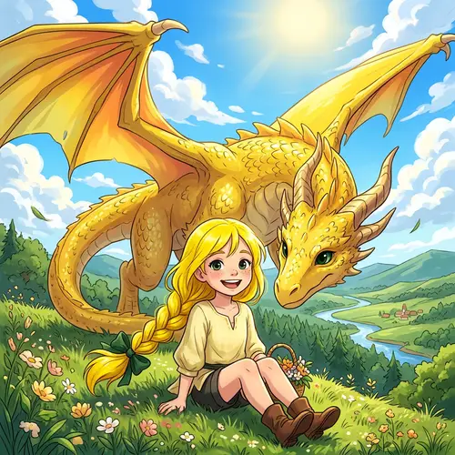 Anime Girl with Bright Yellow Braid & Smiling Yellow Dragon