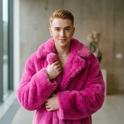 Irish Feminine Man in Pink Fluffy Fur Coat | Stylish Portrait