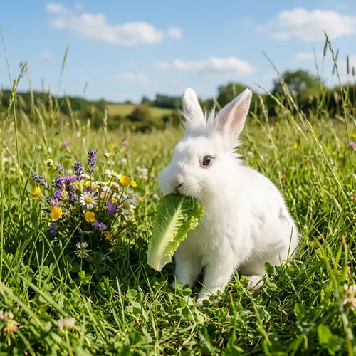 White Rabbit Enjoying Fresh Lettuce in Vibrant Field